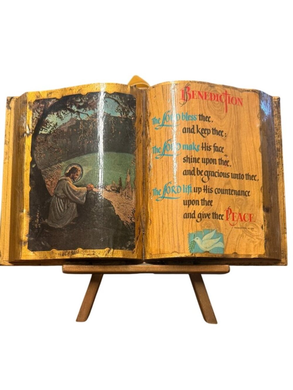 Vintage 1970s Decoupage Faux Book Wooden Plaque Benediction Numbers 6:24 Easel